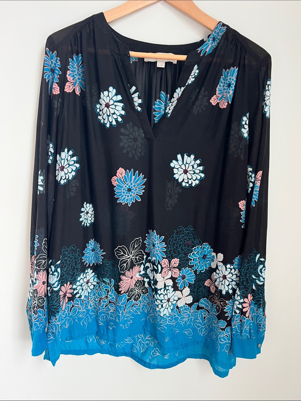 LOFT | Black Floral Sheer Tunic with Blue and Pink Accents Size S
